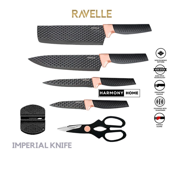 Pisau Set RAVELLE Imperial Supreme Black Knife Set 6 in 1 RAVELLE Jewel Knife Set 6 in 1 Set Emerald - Pisau Dapur Anti Lengket - FREE Talenan -Emerald -Non Stick Diamond