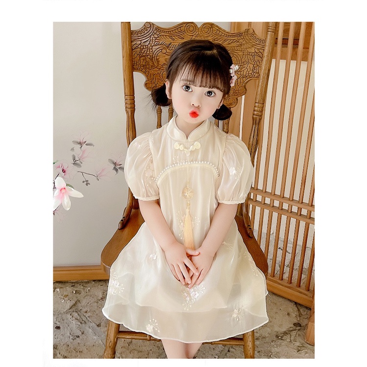 Dress Cheonsam Anak Perempuan Import Bunga Mutiara Brokenwhite