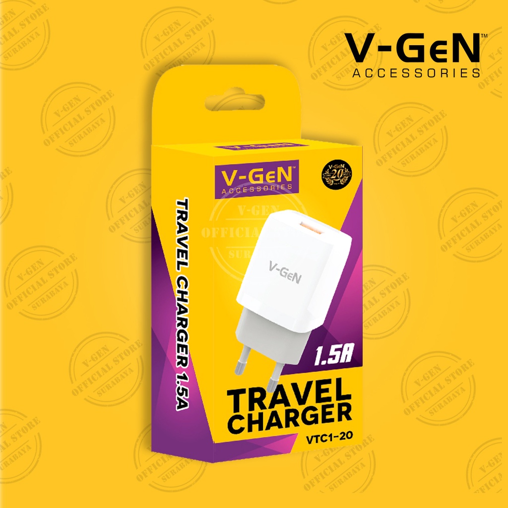 Adaptor Charger V-GeN VTC1-20 1.5A 1 Port USB Travel Charger VGEN