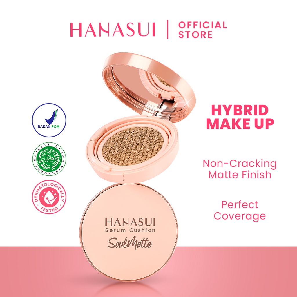 HANASUI Serum Cushion SoulMatte Indonesia / Cusion Wajah 15g / Hybrid Make Up No Cracking Matte Finish Perfect Coverage Antioksidan / Light Natural Medium Pinkish Sand / Cosmetic Makeup Skincare Face Soul Mate Series / Compact Loose Powder BB Bedak Padat