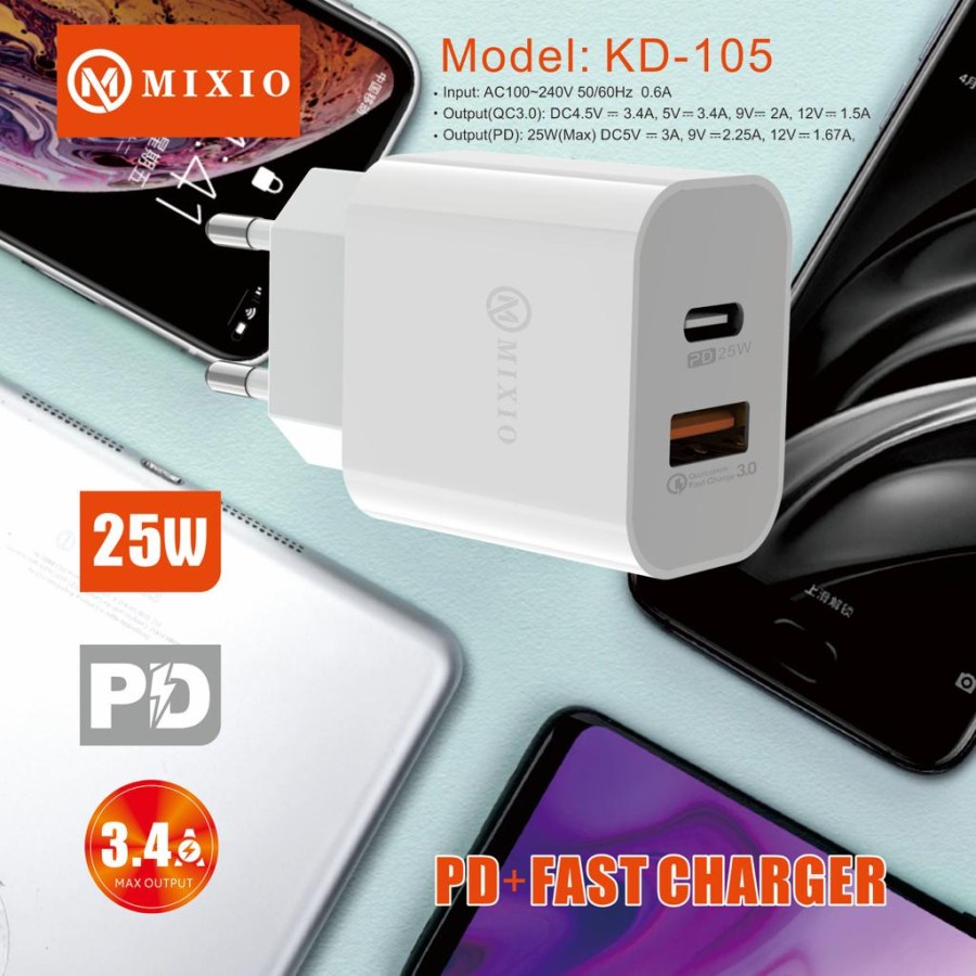 MIXIO - KD-105 USB + TYPE C Adaptor PD + FAST CHARGER 3.4A - 25W