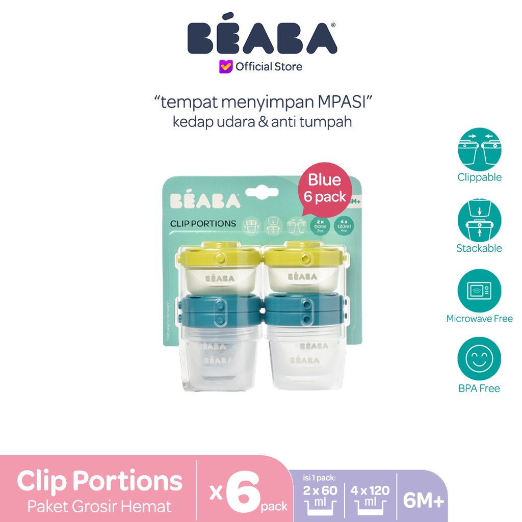 Beaba (6pcs) - Set 6 Portions Clip 60/120 B/G - Wadah Makanan Bayi (Biru - Hijau)