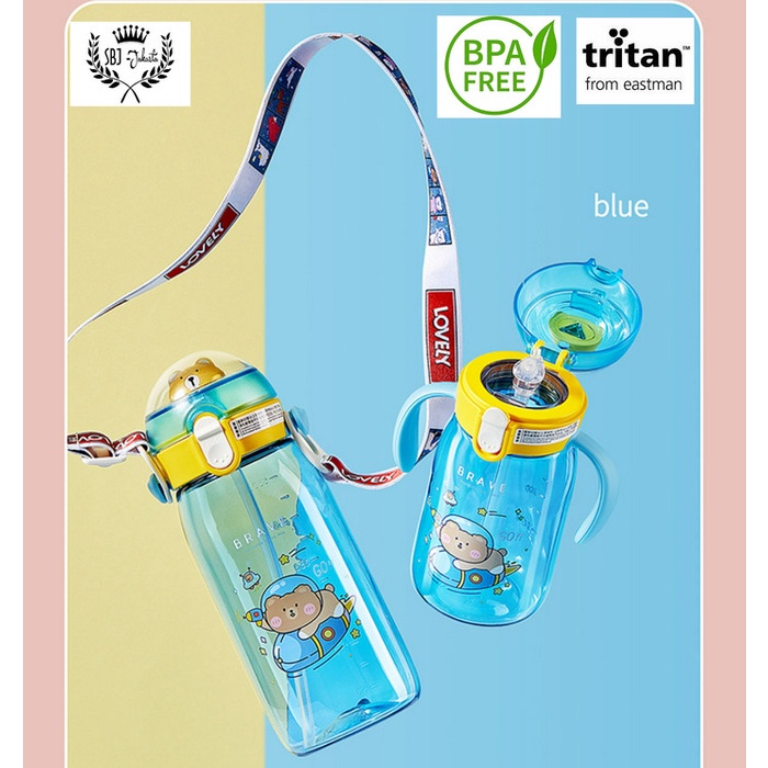 botol minum  Botol Minum Anak Tritan BPA Free 550 ml Dengan Sedotan tali panjang - BLUE(X3E7) Botol 