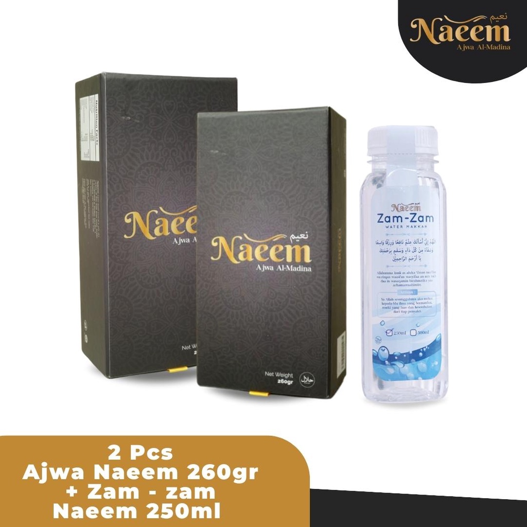 

Kurma Ajwa Naeem 260gr 2pcs (Free Zam-Zam Naeem 250ml + zamzam 50ml) Ajwa Al-Madinah Asli