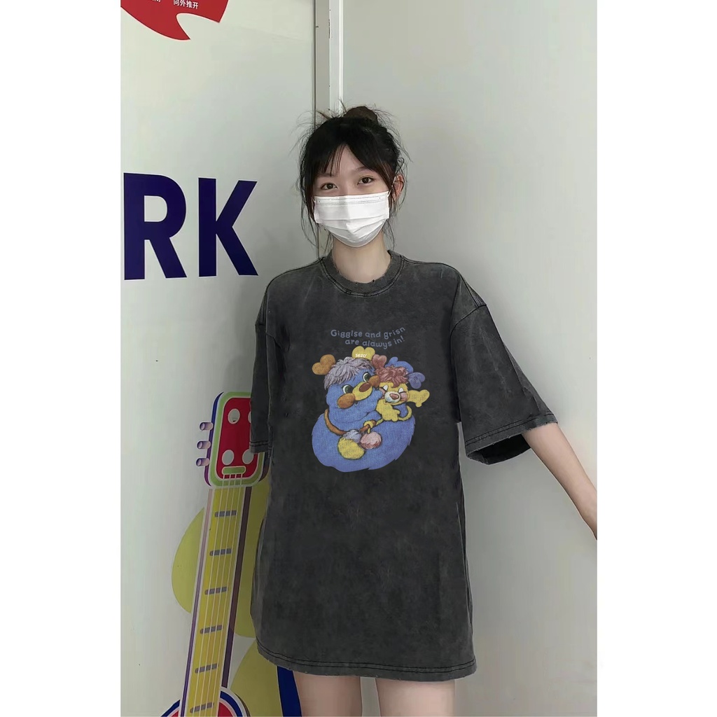 XiaoZhaiNv Korean Style Cartoon Pattern Washed Printing Kaos Wanita A0173