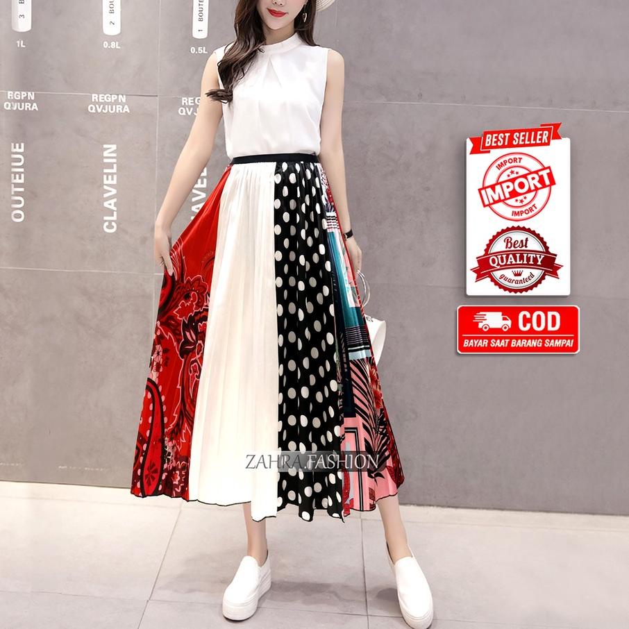 ☟ Rok Plisket Motif Polkadot Satin Premium Import murah 7/8 style korea terbaru | 321-3 | Rok Priske