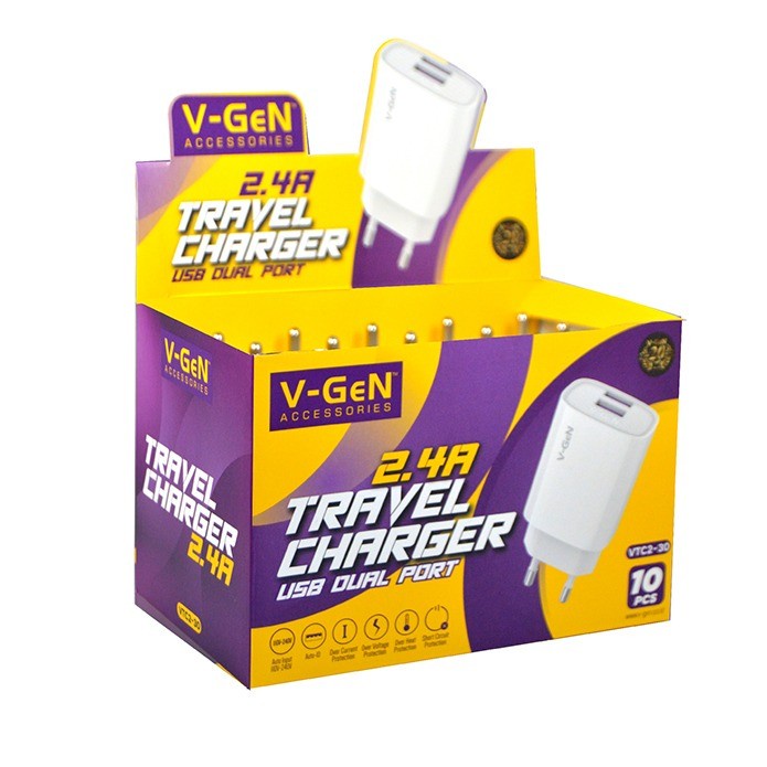 Adaptor Charger V-GeN VTC2-30 2.4A Travel Charger VGEN 1 Box 10pcs