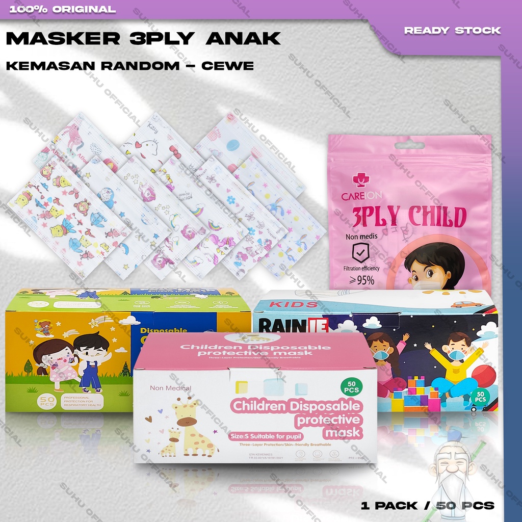 ❤️ SUHU ❤️ Masker Anak 3Ply Isi 50Pcs Motif Mix Cewek Girl Karakter Kartun Lucu 3 Ply Surgical Mask