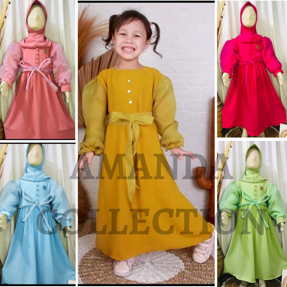 Gamis Anak Azizah Mix Lengan Balon Usia 3 - 12 Tahun Crinkle Airflow || Gamis Polos Anak Viral Tikto