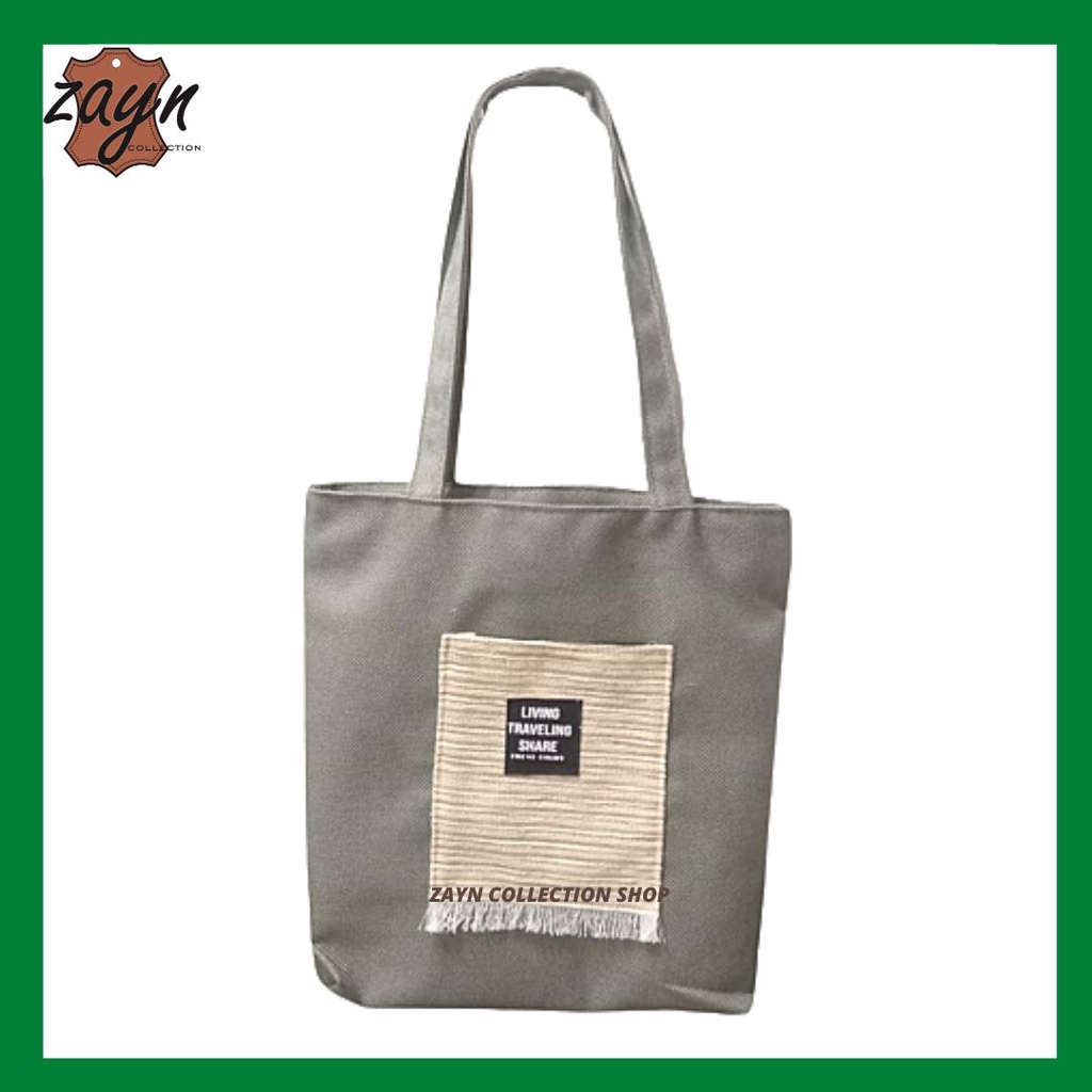 Tote Bag Wanita Resleting Kanvas Premium Shoulder Bag/Tas Bahu Perempuan