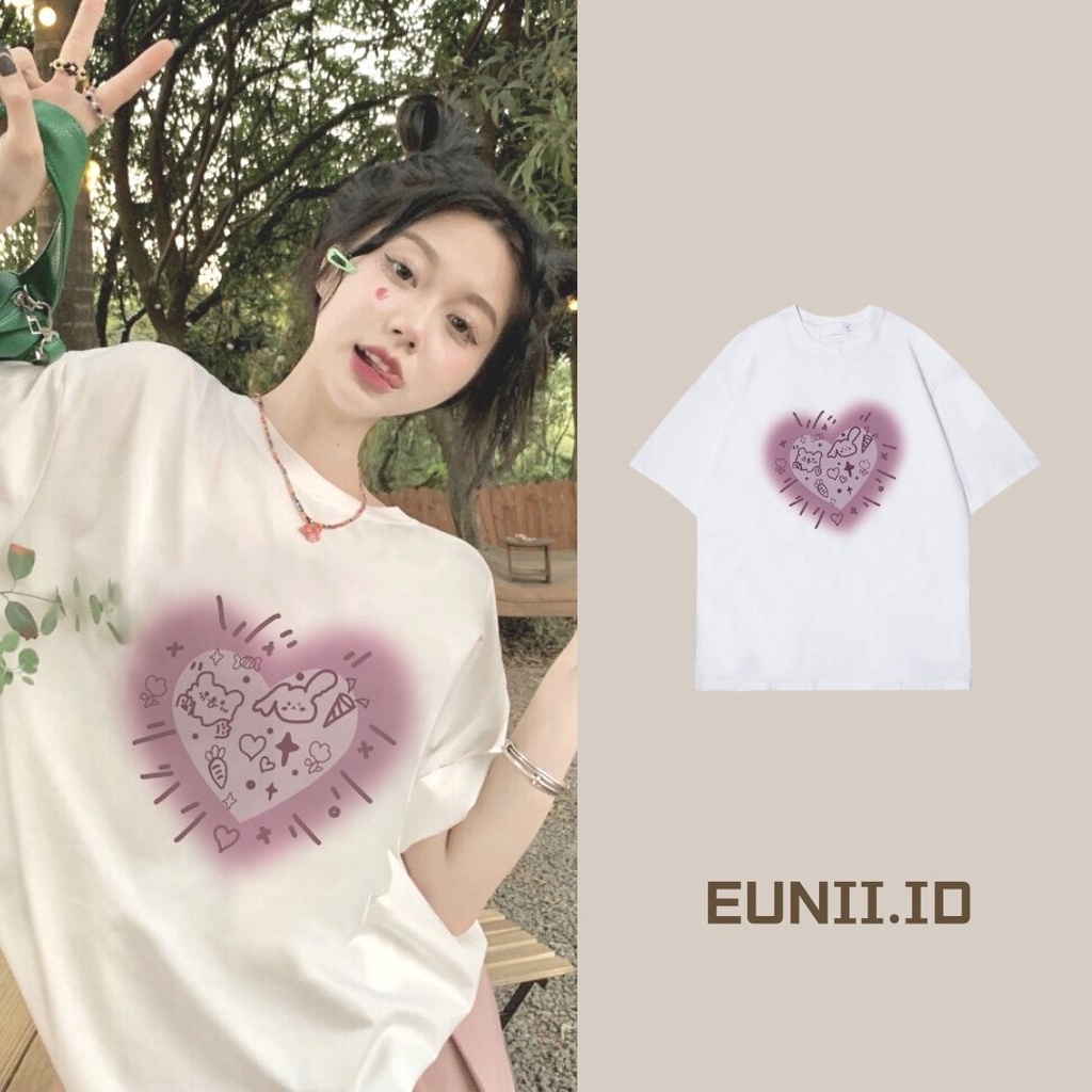 EUNII T-shirt Lengan Pendek Cartoon Pink Doll  Korean Style/Kaos Atasan Wanita/Baju Kaus Oversize Wanita/Kaos Wanita