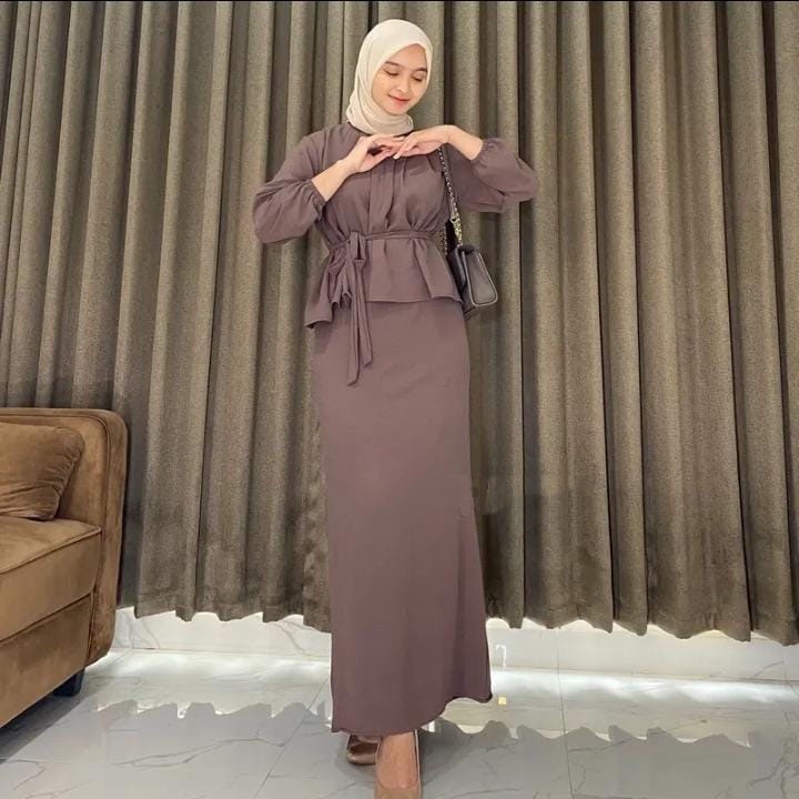 SRIWA One Set Gamis Setelan Wanita Crinkle Dini Set Rok Dan Atasan Os01-Kopi