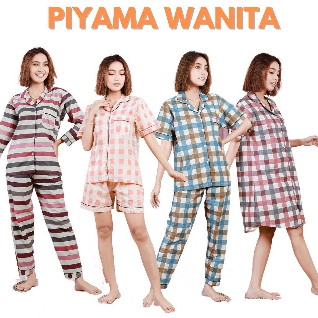 PIYAMA WANITA MOTIF KOTAK SALUR / PAJAMAS Biru Pink Merah Baju Tidur / BAJU TIDUR Wanita / EAGLE