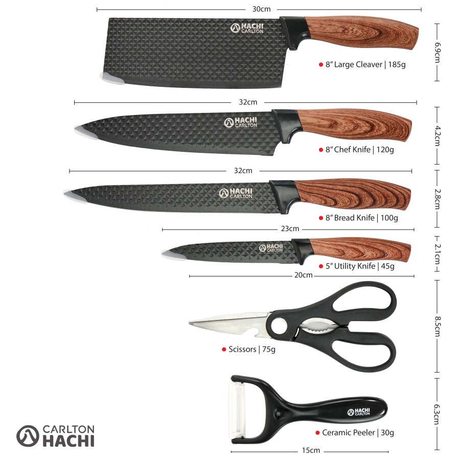 CARLTON MAGNETIC DIAMOND KNIFE SET HACHI / PISAU DAPUR SET HITAM 6PCS