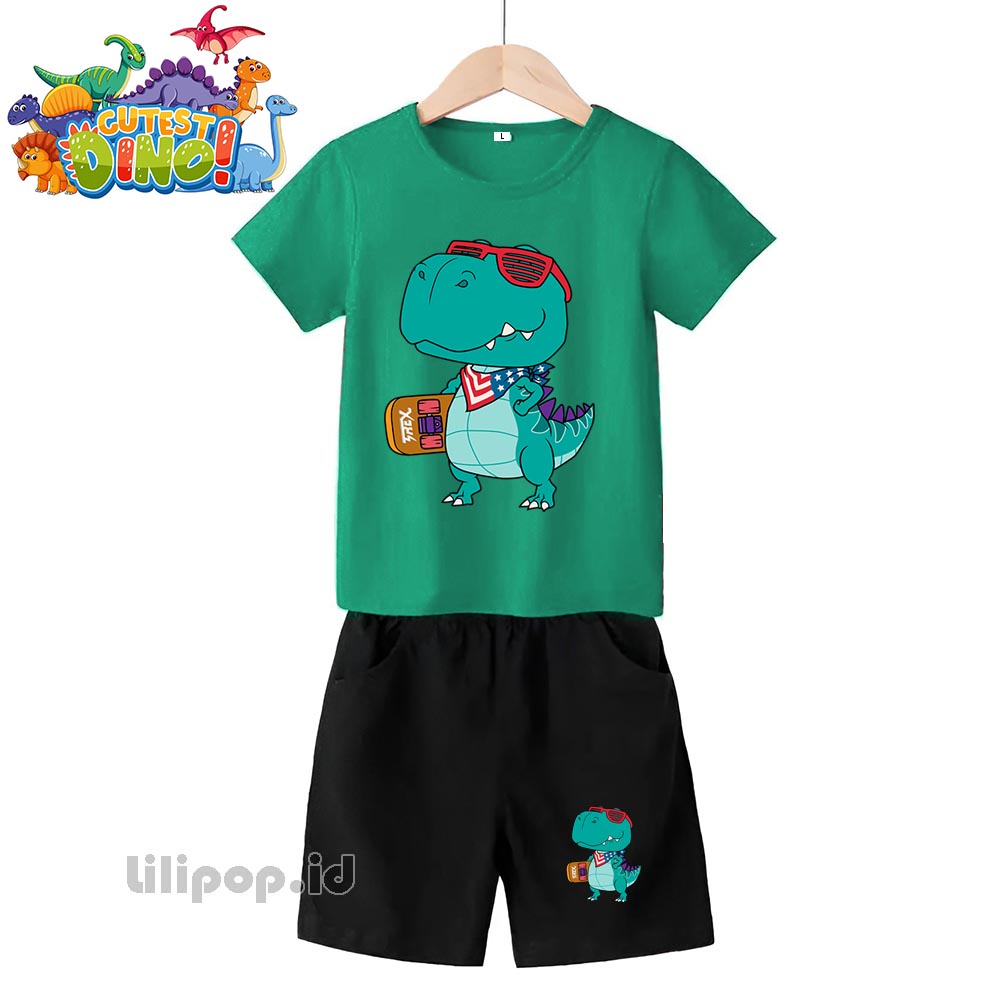 Baju Anak Stelan Kaos 3/4 trex dinosaurus Cowok Cewek  Usia 1 - 4 Tahun Celana Pendek Harian