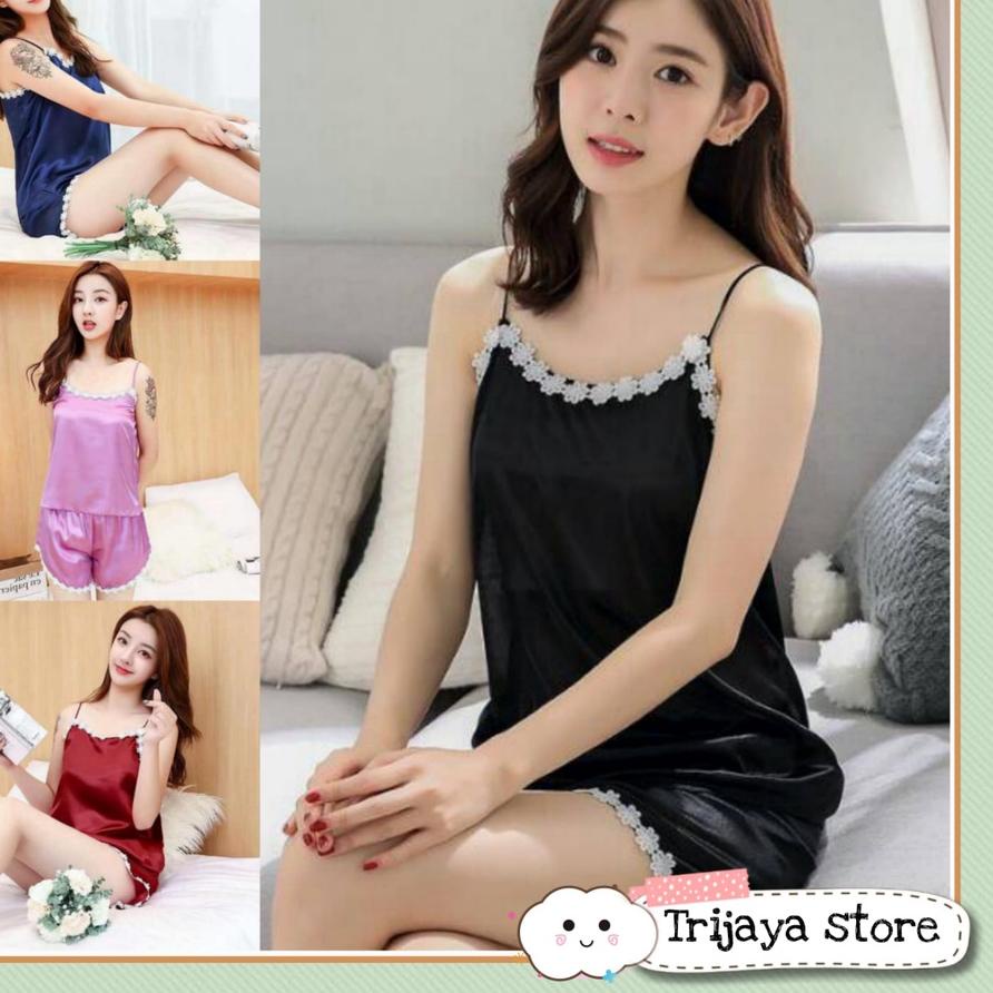 ❂  . setelan tank top satin import / set tank top renda / baju tidur hotpant renda set amora ►