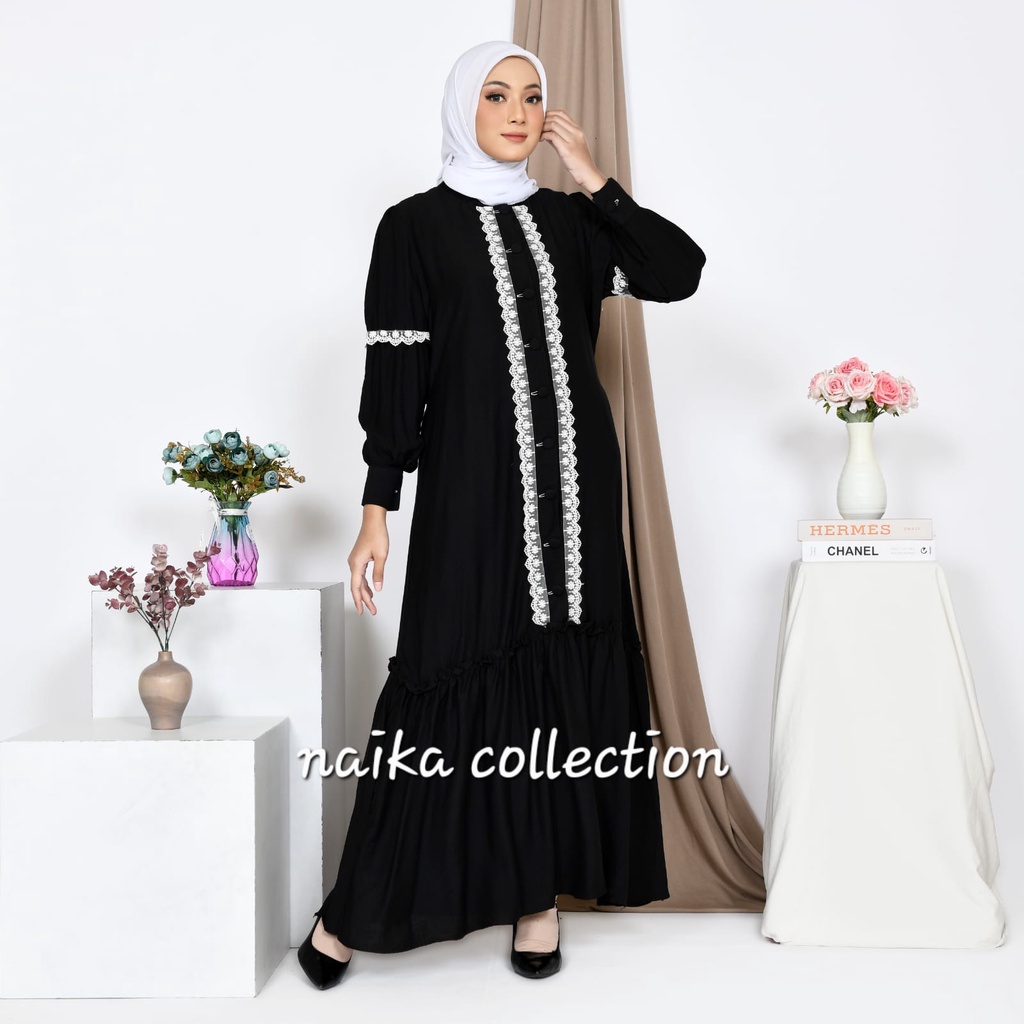 Gamis wanita jumbo bahan polo linen premium cantik renda bordir