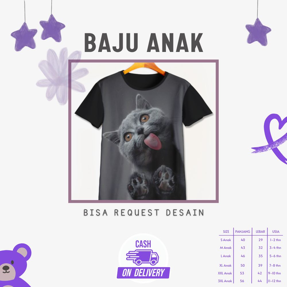 Kaos 3D Anak | Baju Printing | Kaos 3D - Baju Gambar Binatang / Hewan Kucing Lucu Cat Lovers V2 - Ka