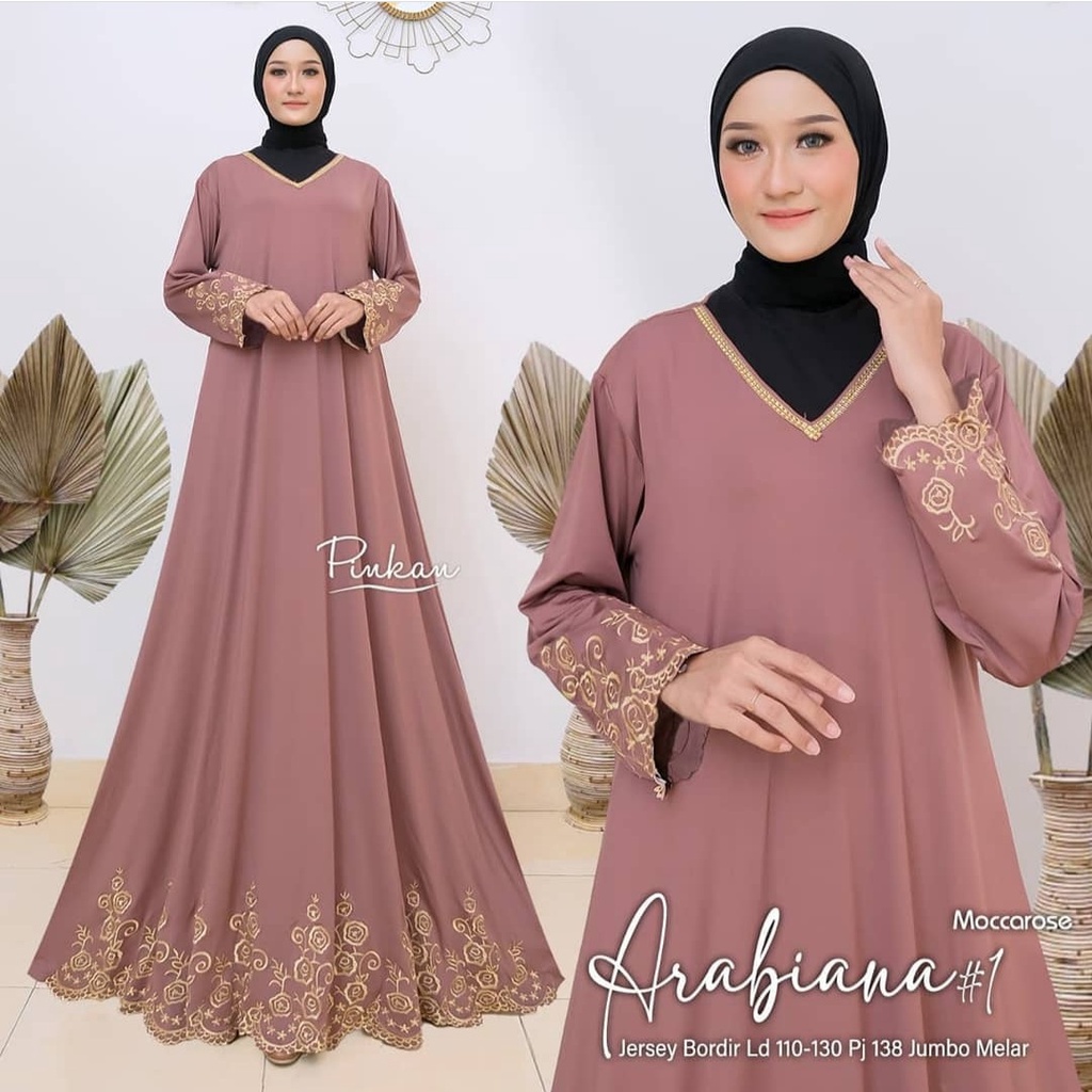 Gamis Muslim Jumbo Jersey Motif Bordir xxxl Ld 130cm Arabiana #1 Turkey Maxy Turqi Abaya Gamis Lebaran Remaja Muslimah Terbaru Seragaman Pengajian Murah Dress Wanita Muslimah Syar'i Gamis Polos Tebal Premium Warna Hitam