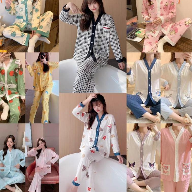 MENARIK Piyama set wanita kancing import Rib onesize lengan panjang