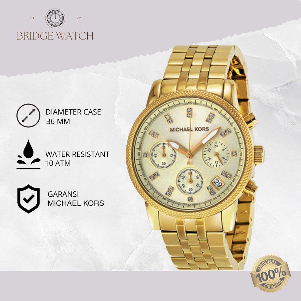 Jam Tangan Wanita Michael Kors MK5676 Original Analog Chronograph Gold Stainless Steel Strap Rantai 