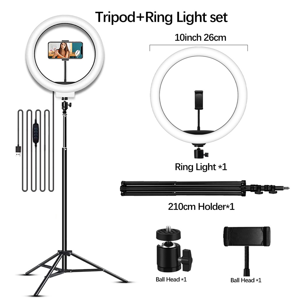 Tripod 2.1 Meter Ringlight 26cm Make Up Vlog Lampu Ringlight Holder