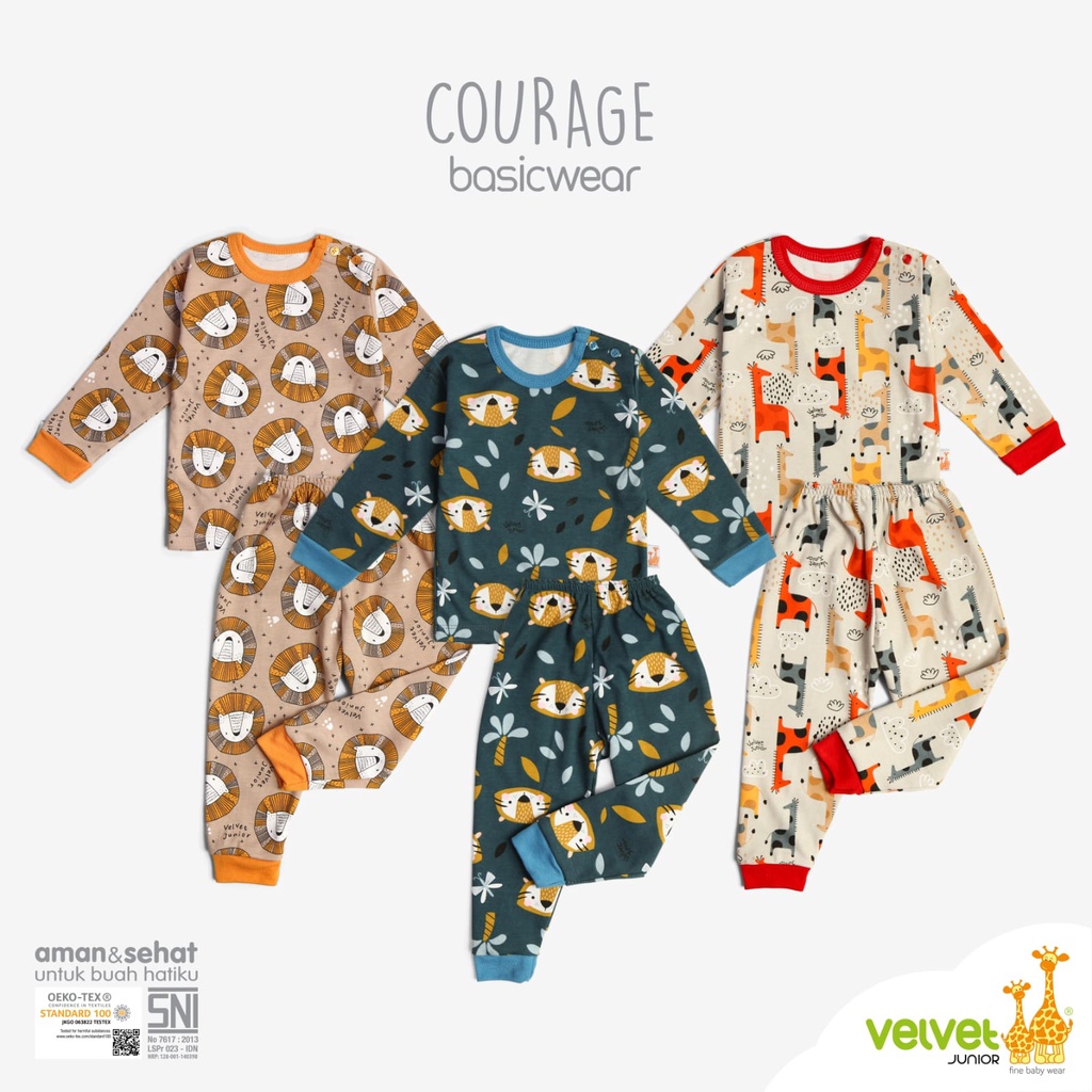 3 Pcs - Velvet Junior PANJANG COURAGE Terbaru | Setelan Anak Kaos Celana Panjang BRILLIANT BLUE Piyama Open Basic Wear