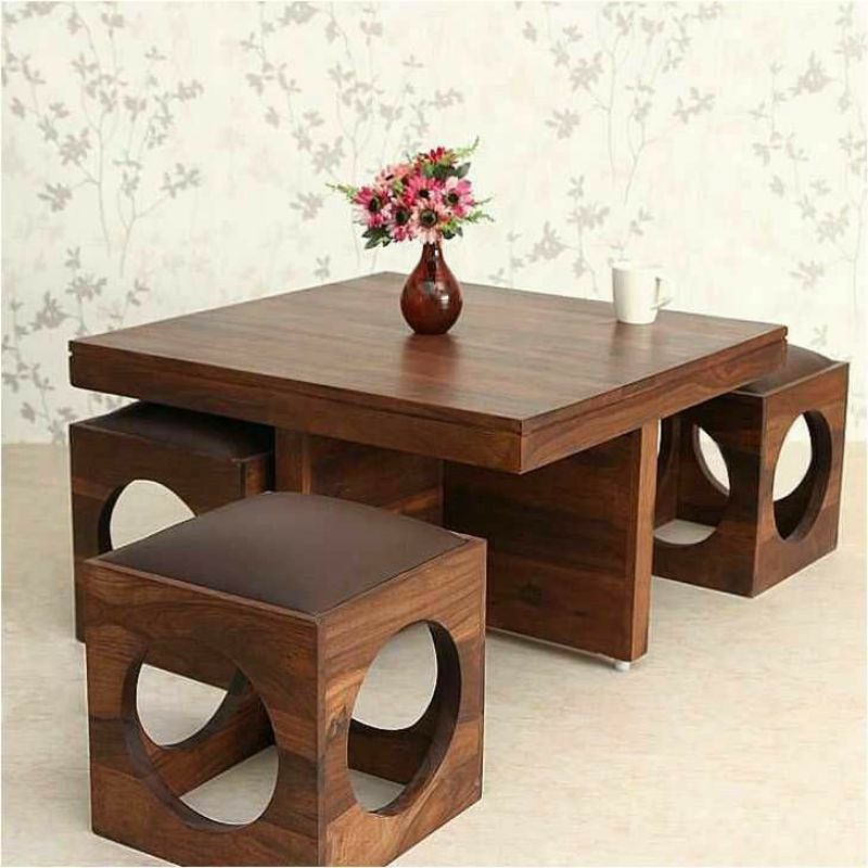 set meja makan stool box kayu jati minimalis