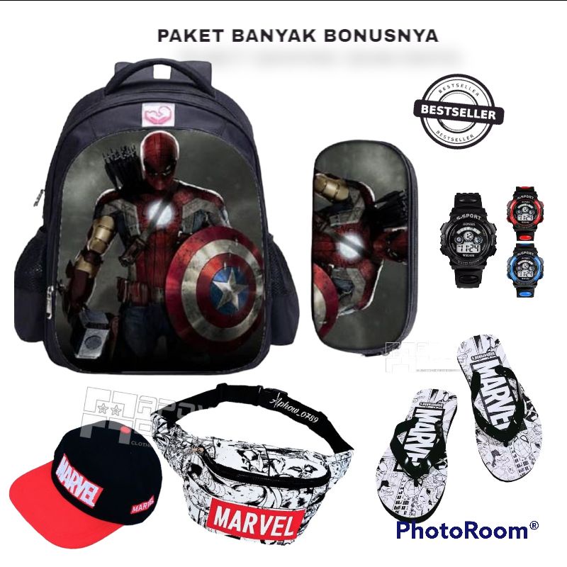 Tas ransel Paket 6IN1 Tas anak Laki-laki Sekolah TK SD Free Tempat Pensil Topi Bordir Tas Waistbag Jam Tangan Dan Sandal Spon