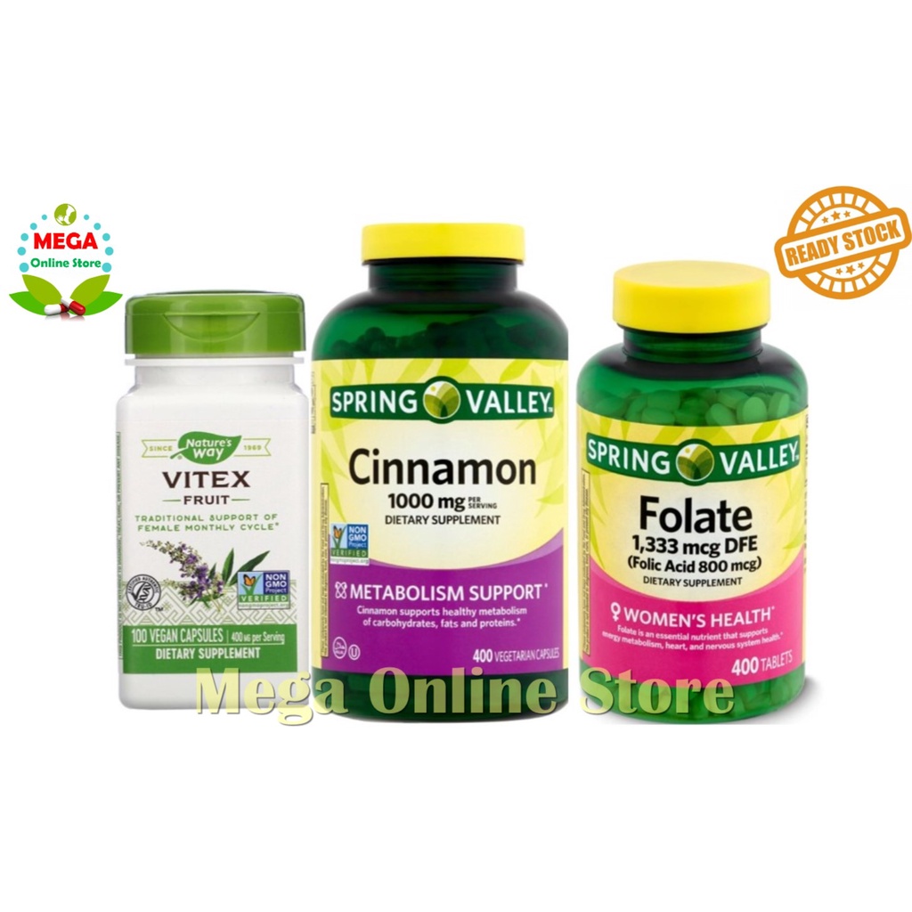 Paket Nature's Way Vitex + Spring Valley Cinnamon + Folate 800 mcg