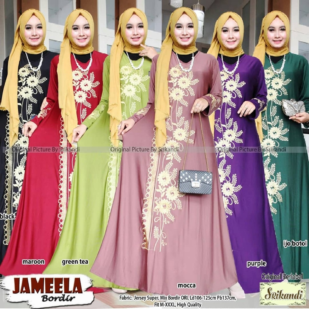 Hidayah Maxy Jameela Bordir Gamis Jumbo Jersey Motif Bordir xxxl Ld 130cm Arabian Abaya Gamis Lebaran Remaja Muslimah Terbaru Seragaman Pengajian Murah Dress Wanita Muslimah Syar'i Gamis Polos Tebal Premium Warna Hitam