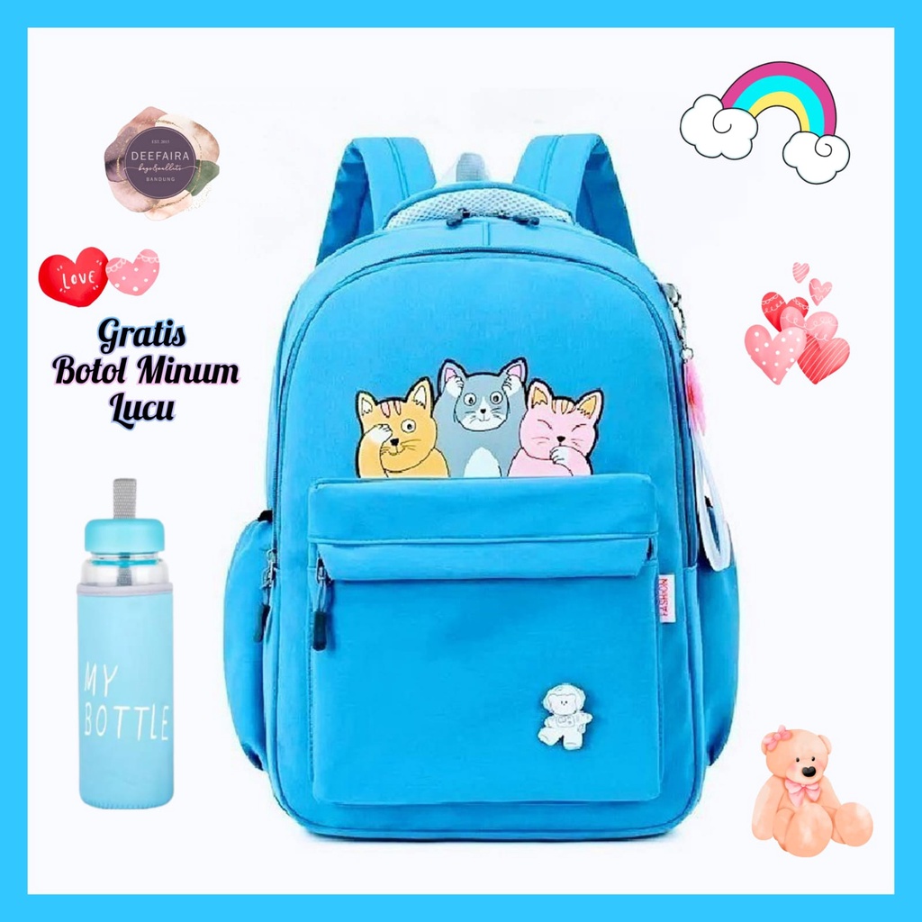 Tas Sekolah Anak Perempuan Motif Smile 3 Kucing Dan Gratis Botol Minum Lucu Untuk Anak Sd Smp Sma