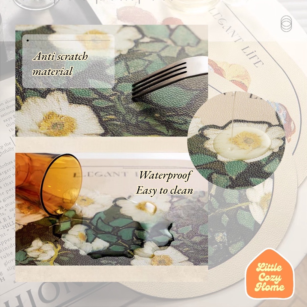 Flora Leather Placemat / Alas Meja Makan Motif Floral Bunga Elegan / Tablemat / Taplak Meja Kulit Anti Air Waterproof