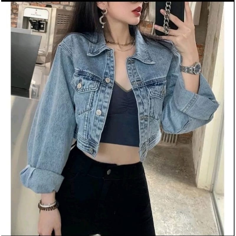 Big Size Jaket Crop Jeans Oversize Pocket Blue/ Crop model Korea
