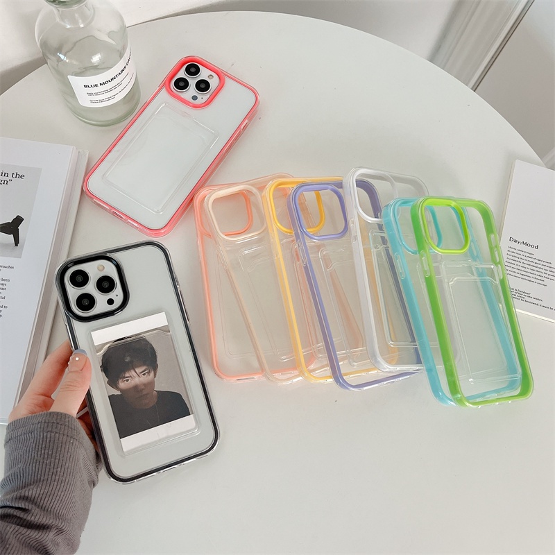 IPHONE Shockproof 3-in-1 Kartu Kredit Case Kompatibel Untuk Iphone11 13 12 14 Pro MAX 7Plus 8Plus XR 7-8 6 6S Plus X XS MAX SE 2020 Bening Padat Murni Warna Permen Penuh Melindungi Soft Case