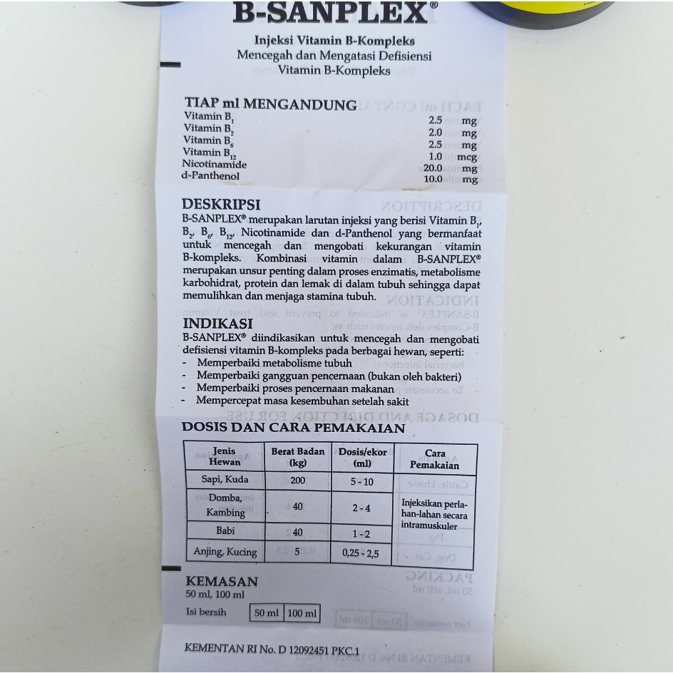 B Sanplex SANBE | Injeksi Vitamin B komplek Untuk Memulihkan dan Menjaga Stamina Tubuh Hewan | 50mL &amp; 100mL