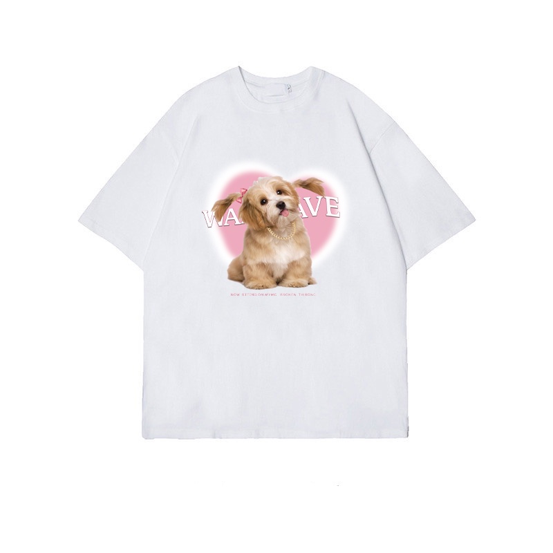 XIAOZHAINV Kaos Atasan Wanita Love Pink Dog Pattern Lengan Pendek A0328