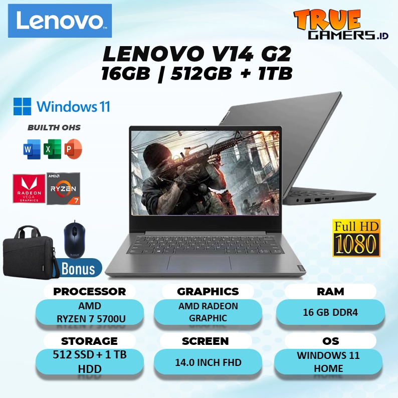 LAPTOP LENOVO V14 G2 RYZEN 7 5700U 8GB 512SSD + 1TB VEGA8 W11+OHS 14.0FHD 2YR GRY -EXID