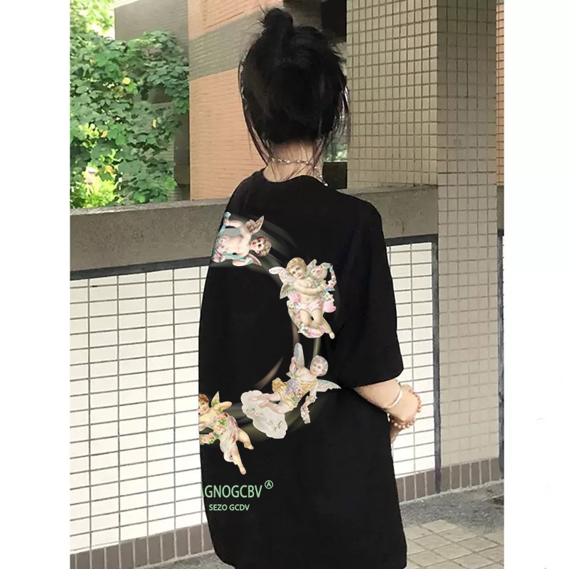 100% Katun Kaos Vintage Hitam Atasan Wanita Lengan Pendek Oversize Printed T-shirt Baju Wanita Kekinian Korean Style