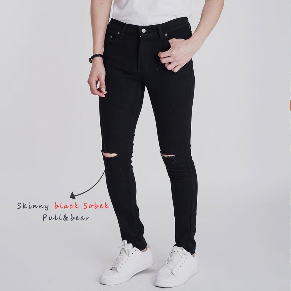 CELANA PANJANG SEMI SOFTJEANS PRIA SKINNY HITAM SOBEK LUTUT RIPPED