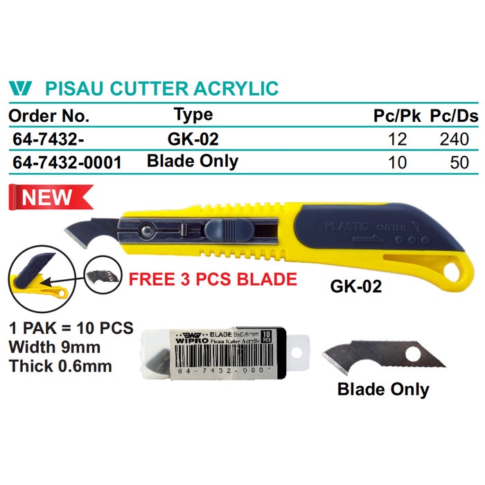 

Termantab] Wipro GK-02 Cutter Acrylic/Pisau Potong Kater Akrilik-Free 3pcs Blade