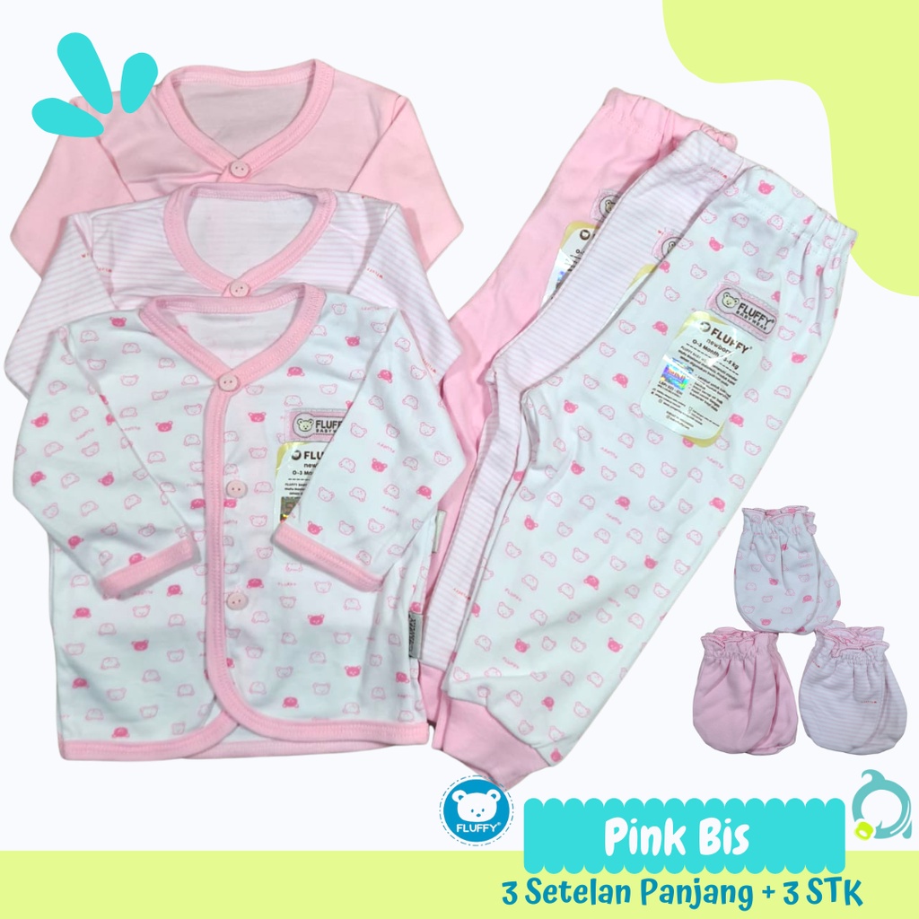 FLUFFY 3 Stelan Panjang Neci Motif Mix ( Abu | Khaki | Pink | Biru ) Size 0-3 Bulan (Newborn)