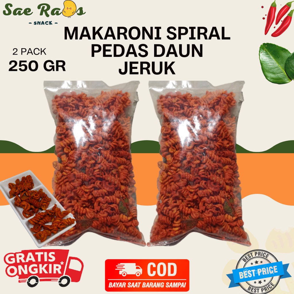 

paket makaroni spiral pedas daun jeruk 250 gram snack viral isi 2 pack