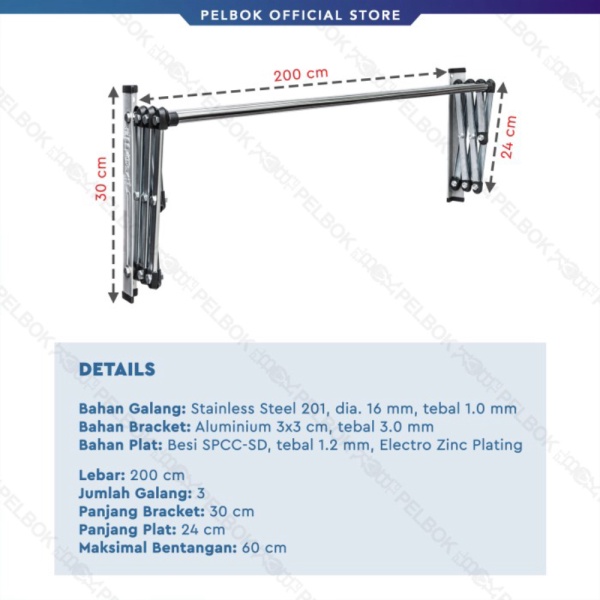 Karat 200 Baju Galang cm PELBOK Stainless Berkualitas 3 Lipat Meter Jemuran Promo Anti - Dinding 2