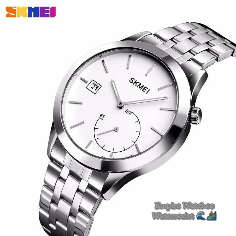 Jam Tangan Skmei 1581 Pria Wanita Analog Chrono dan Tanggal Aktif Rantai Stainless Kualitas Original