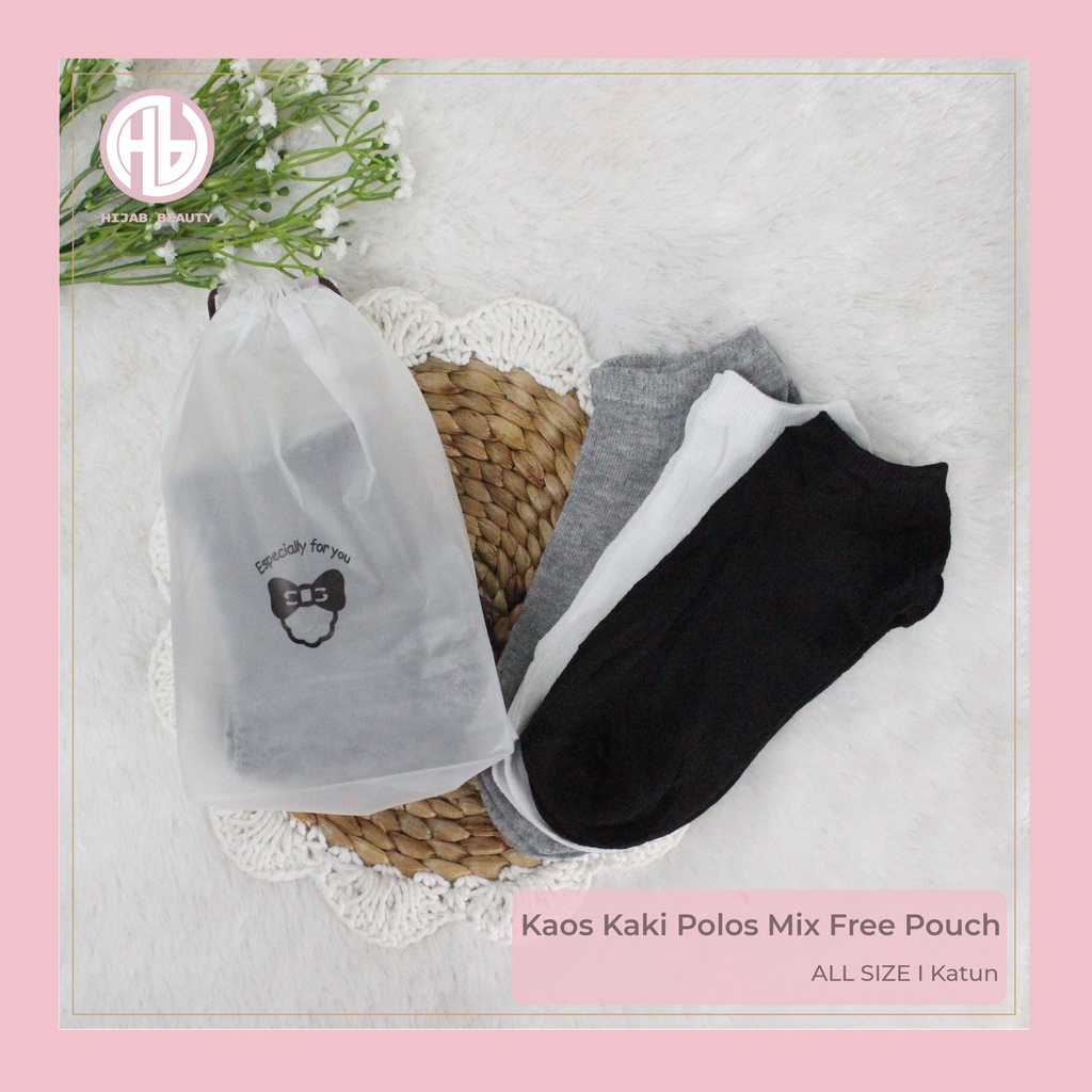 Kaos Kaki Pendek Warna Polos - 3 Pcs / 6 Pcs Free Pouch (Warna Mix)