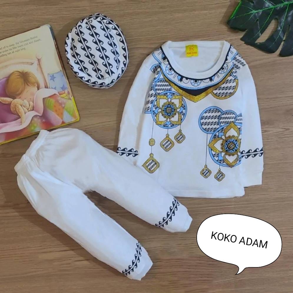 Setelan Baju Anak Bayi Laki-laki Atasan Dan Celana Usia 3-18 Bulan Motif Koko Putih Sholeh Free Peci