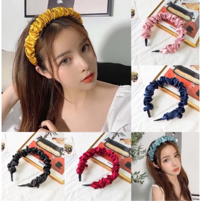 Bando Scrunchie Serut Satin Besar Korea Headband Ruffle Bandana Polos Wanita Bando Kain Scrunchie Fa
