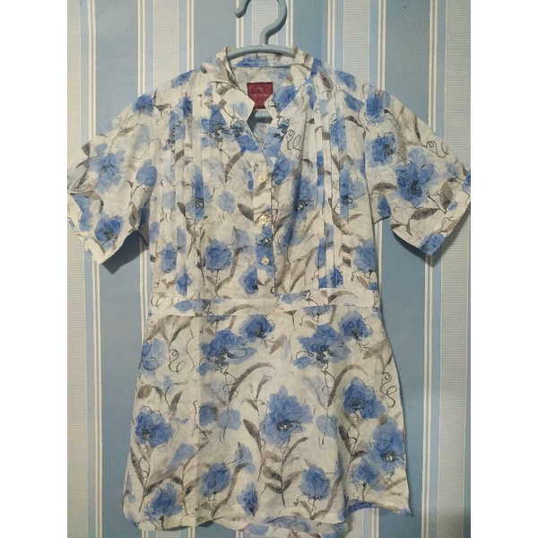 PRELOVED Blouse tunik kemeja kerja bunga biru | CAESAR LADIES