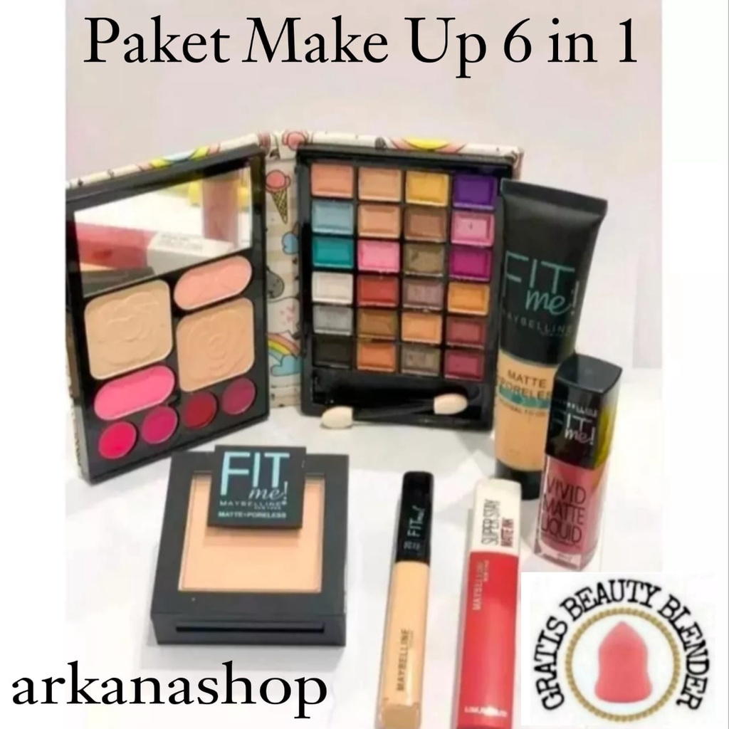 ArkanaShop - Paket Make Up 1 Set Murah Lengkap / Paket Kosmetik / Eyeshadow / Lipstik / Foundation / Concaeler / Maskara Maybelline / Eyeliner Anti Air / Spon Makeup / Bedak / Makeup Brush